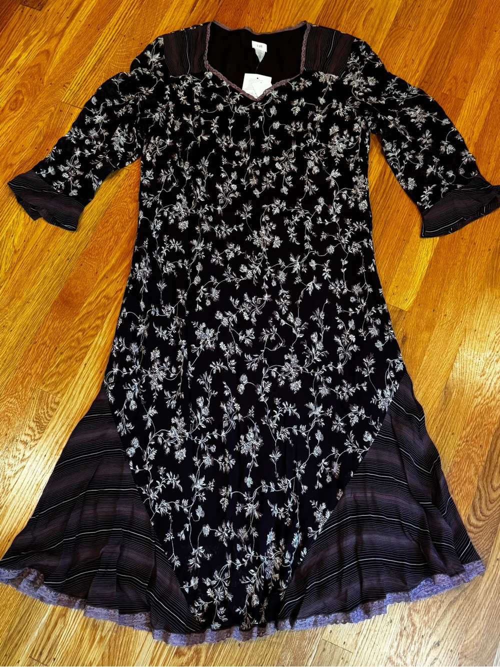 J Jill Dark Shale Mixed Print Midi Dress Boho Floral Stripe Size 16